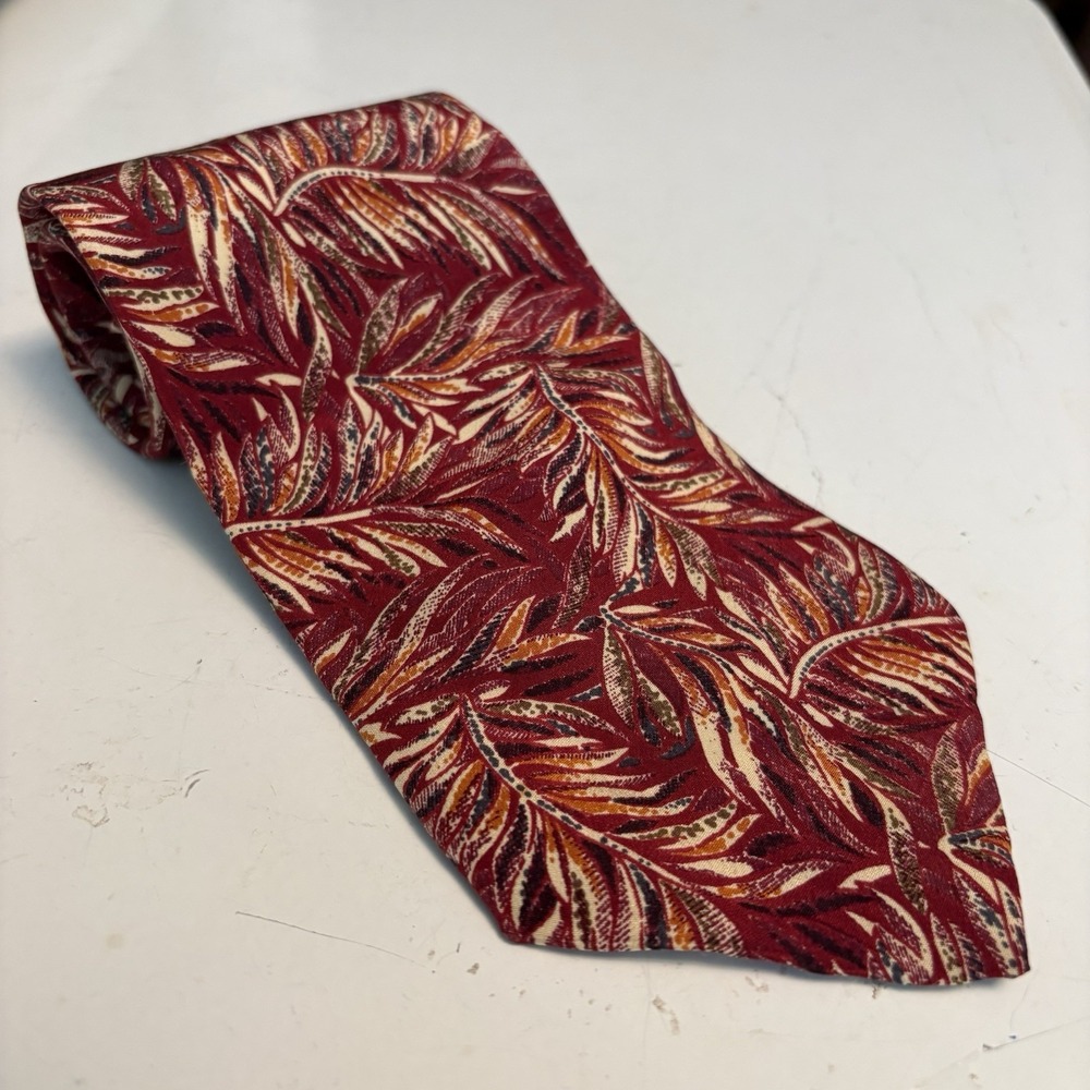 CLASSIC Burberry London Tie 100% Silk Maroon With Leaf Print 4"wide